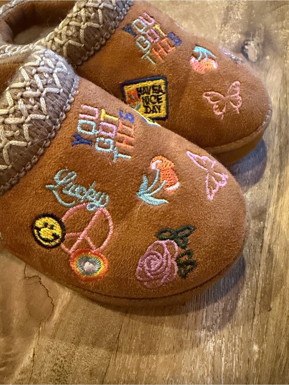 Kids Brown Embroidered Slip-On Slippers